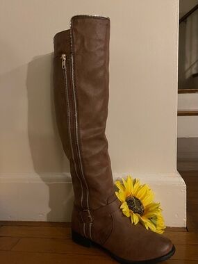JustFab Brown Tall Faux Leather Riding Boot with Zipper Detail